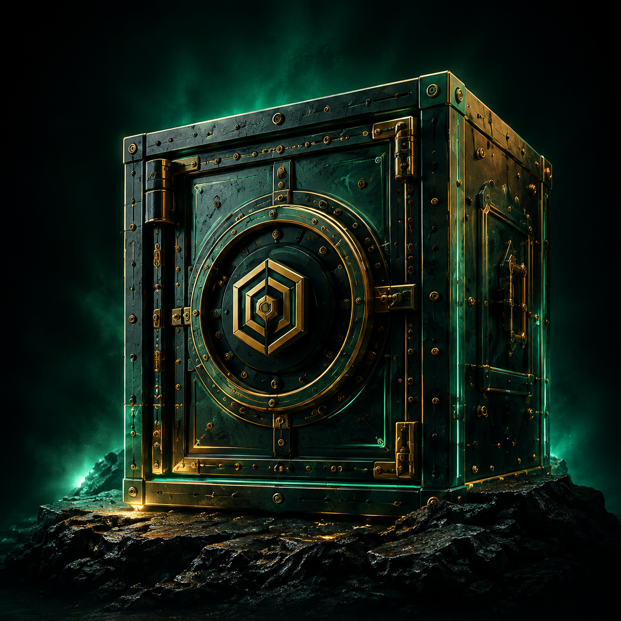 An emerald and gold RewardVault on a rocky foundation, glowing with possibility